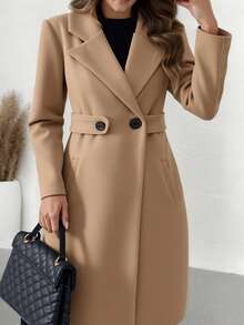 Abrigo largo de talla grande de unicolor y elegante con diseño cruzado doble, cuello con muesca, manga larga, ajuste regular, para mujer, de moda para el uso diario en otoño/invierno