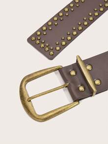 1 件女士纯色休闲复古宫廷风格派对性感街头优雅优雅 PU 皮革西式古铜扣绒面革宽腰带，适合所有季节 - 咖啡 - 查看 2