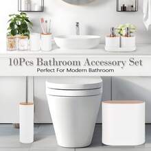 Bathroom Accessories Set, 10PCS Bathroom Accessory Set, Toilet Brush, Trash Can, Qtip Holder Dispenser & Soap Dispenser, For Bathroom, White - White - View 5