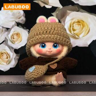 (Only Clothes) 17cm Doll Clothes Set Compatible With Labubu, Cute 6.7 Inch Doll Clothes For Dress Up Unique Style – Knitted Hat Brown Sweater And Crossbody Bag Outfit (No Doll)