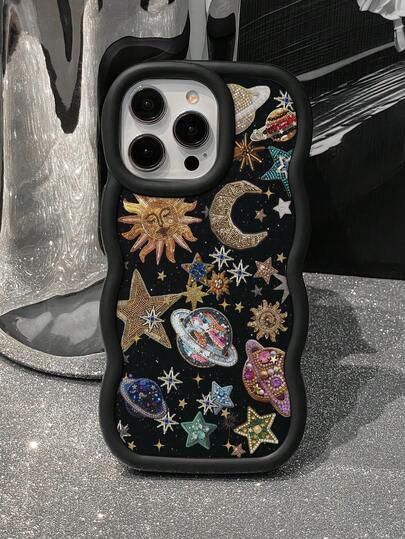 1pc TPU Camera Lens Protector Case With Starry Sky, Moon, Universe Space Pattern, Shock-Resistant And Fashionable Wavy Design, Compatible With IPhone 11/12/13/14/15/16 Pro Max Series, Galaxy A05/A15/A25/A35/A55/S23/S24 Series