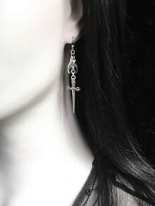 1雙哥特式吸血鬼蝙蝠&劍形狀合金耳環適合女士,日常穿著 - 復古銀色 - 查看 8