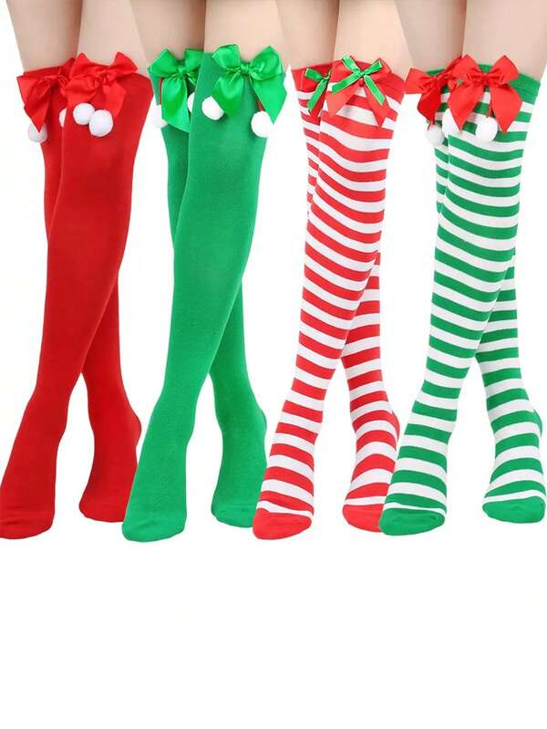 1pc Holiday Costume Bow Striped Christmas Ball Socks, Women Over-The-Knee Long Socks, Christmas Striped Long Socks, Performance Prop Costume COS Holiday Party, Halloween Friends Christmas Costume