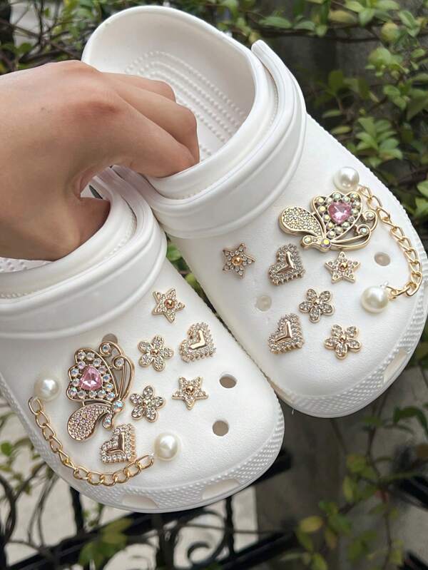 16-teiliges Set glänzender Schmetterling-Herz-Ketten DIY Schuh-Accessoires, Schuh-Charms, DIY-Accessoires für Clogs, Sandalen, Stiefel, Absätze