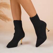 Women's Pointed Toe High Heel Ankle Boots, Elegant Stiletto Heel Design, Solid Color Fabric, Versatile And Fashionable, Suitable For Daily Wear, Parties, And Office Commute - Black - View 4