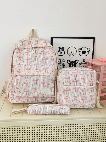 3件套尼龙蝴蝶结印花背包，可折叠多口袋大容量防水拉链背包，适合青少年、高中生、大学生、女士日常使用、通勤、旅行，情人节礼物