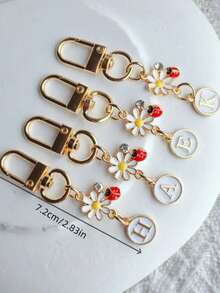 1pc Unisex A-Z Letter Stainless Steel Keychain, Minimalist Letter, Flower, Ladybug Design, Gift For Friends, Bag Pendant - Multicolor - View 10