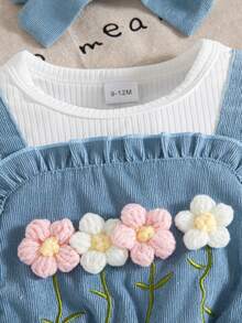 Bộ đồ liền thân tay lửng thêu hoa dễ thương cho bé gái mùa thu/đông màu xanh dương kèm tất họa tiết hoa và băng đô màu xanh - Màu xanh lam - Xem 10