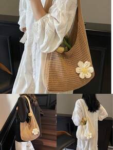 Khaki Upgraded Version Hand - Crocheted Hollow - Out Bag, Floral - Decorated Literary - Style Single - Shoulder Bag00 - 杏色 - 查看 7