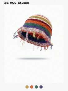 1 件 Y2K 彩虹拼布流苏条纹针织帽，手工钩编百搭大气渔夫帽，带蝴蝶结和镂空设计，温暖的冬季针织帽 - 彩色 - 查看 9