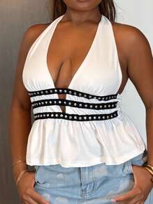 Tyla Gomez Nuevo diseño de verano para mujer, top corto con cuello de halter y remaches - Blanco - Ver 2