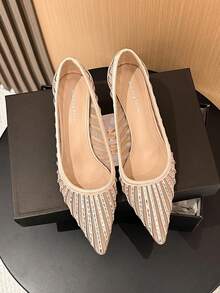 Xin Jing Shoes Women's Fashion Versatile Mesh Pointed Toe High Heel Pumps, Suitable For Commuting And Wedding - Khaki - View 10
