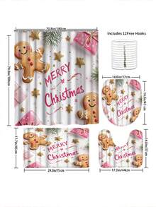 1 Piece/4 Pieces Christmas Scene Winter Decor, Pink Gingerbread Man, Snowflake, Christmas Shower Curtain, Modern Personalized Bathroom Christmas Decor, Waterproof Fabric Shower Curtain Set With 12 Hooks, Non-Slip Bathroom Rug, U-Shaped Toilet Mat, Toilet Lid Cover, Christmas Home Decor. Bathroom Decor