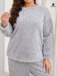 Plus Size Women Plush Jacquard Thermal Lined Warm Sleepwear Set, Autumn/Winter, Fall Clothes, Cozy Outfit, Fluffy Pajama - Grey - View 5