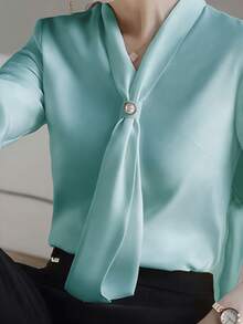 Blus Leher V Berhiaskan Manik-manik Warna Polos, Kemeja Lengan Panjang Elegan - Cadet Blue - View 4