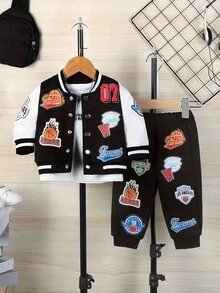 2 Pieces Of Baby Boy Hip-Hop Sports Style Basketball Digital Printed Baseball Suit Set, Jacket, Pants Set, Spring And Autumn Season - Black - View 1