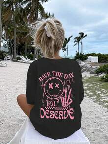 Plus Size Women's Drop Shoulder Short Sleeve T-Shirt With Face And Slogan Print HAVE THE DAY YOU DESERVE Graphic Tees Women Tops - Black - View 4