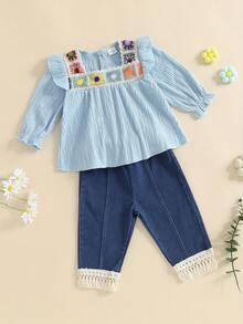Baby Girl 2Pcs Fall Outfits Bohemian Long Sleeve Floral Tops + Denim Pants Set Toddler Clothes - Màu xanh lam - Xem 8