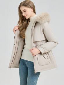 女式保暖梭织派克大衣，带人造毛皮兜帽和保暖衬里，长袖拉链口袋，常规长度冬季外套 - 米色 - 查看 3