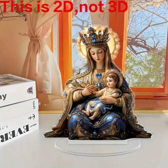 1 件，2D 平面复古亚克力玛丽和耶稣桌面装饰 - 金色皇冠配蓝宝石装饰，无框宗教雕像，家庭办公室咖啡厅装饰品，圣诞节生日礼物，精湛的工艺，节日礼物，优雅的设计，精致的手工，信仰艺术，
