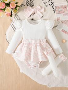 秋冬季女婴白色短袖连体衣、蝴蝶结袜子和发带套装 - 白色 - 查看 1
