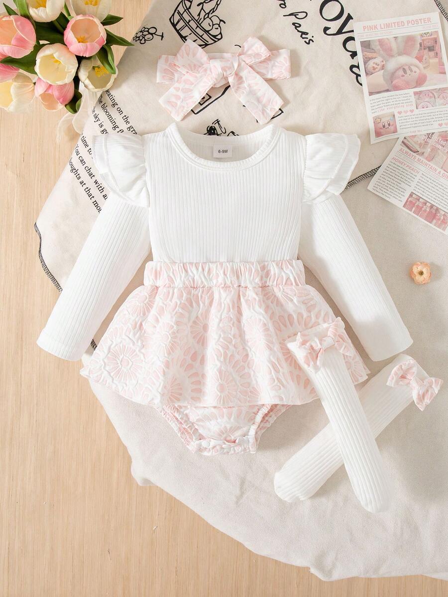 秋冬季女婴白色短袖连体衣、蝴蝶结袜子和发带套装 - 白色 - 查看 1