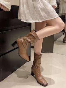 Women's French Style Ankle Boots, Autumn/Winter New Ruched Stacked Boots, Vintage Fashion Versatile Boots, Chunky Heel High Heel Pointed Toe Slim Boots - Brown - View 2