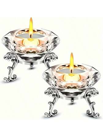 2pcs/Set Transparent Crystal Diamond Candle Holders Set, With Polished Metal Stand - Perfect For Home, Office And Party Decor. Practical Round Display Rack, Metal Base, Crystal Glass Candle Holder, Diamond-Shaped Romantic Candle Holder, Candle Holder Accessories