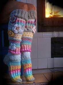 Women's Thigh High Socks Over The Knee Cable Knit Boot Socks, Boho 3D Flower Multicolour Embroidery Long Stcokings Winter Warm Christmas Holiday Leg Warmers - Grey - View 1