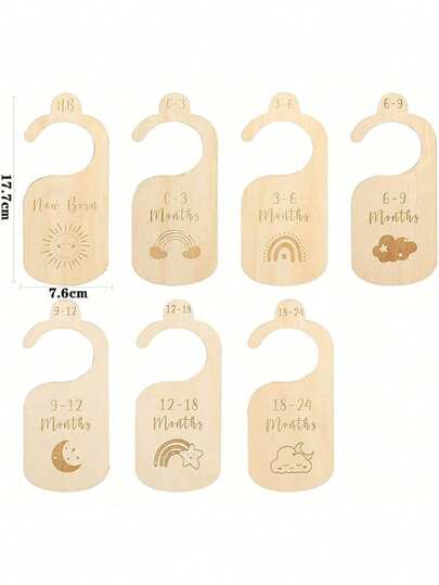7 Pack Wooden Baby Closet Partition Clothes Size Partition Brand Wooden Board Cutting Wardrobe Storage Hanger Plate, Star, Moon, Sun, Cloud Pattern, Cute Hook