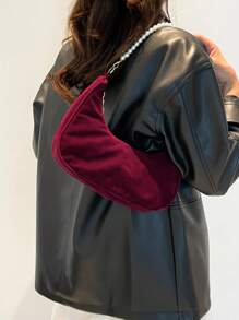 Fashionable Pearl Chain Crescent Shoulder Bag, Stylish Shoulder Baguette Bag, Handheld Small Bag, Outdoor Casual Bag, Versatile Commuter Bag - Burgundy - View 4