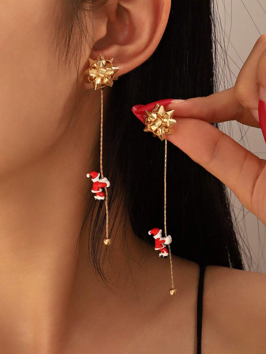 1 对圣诞花和圣诞老人流苏吊坠耳环，女士圣诞礼物 - 彩色 - 查看 1