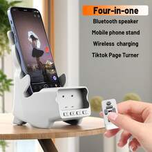 OUBAORUI مكبر صوت محمول متعدد الوظائف بتقنية بلوتوث مع حامل لاسلكي سريع الشحن للهاتف/الكمبيوتر اللوحي، ومتحكم في الإعجاب/تقليب الصفحات، وجهاز تحكم عن بعد لكتاب إلكتروني بتقنية بلوتوث