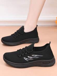 Women's Breathable Casual Shoes, Non-Slip Soft Bottom Comfortable Black Work Shoes, Flat Fabric Solid Color Round Toe Sneakers, Suitable For All Seasons - Black - View 3