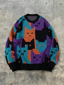 ANDREILEE Casual Loose Fit Pullover Sweater With Cute Cat Intarsia Pattern, Suitable For Spring, Autumn, Winter, Unisex European And American Style - Black - View 3