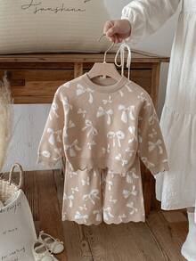 韩国INS风秋季女宝宝针织提花卫衣套装带蝴蝶结长裤两件套 - 杏色 - 查看 1