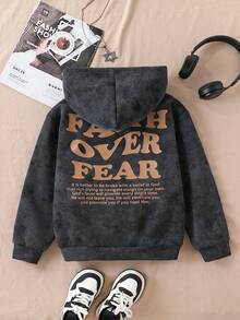 青少年男童印花卫衣，学生秋冬季连帽套头衫，青少年服装 - 黑色 - 查看 2