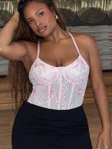 Tyla Gomez Women's Sexy Floral Embroidery Mesh Bodysuit For Summer,Embroidered Corset Bodysuit - Pink - View 4