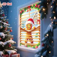 1pc Christmas Decoration Window Banner, Featuring A Gingerbread Man Wearing A Santa Hat, Peeking Through Blinds With A Cheerful Smile, Decorated With Christmas Ornaments, Holly Leaves, And Bows, Conveying The Whimsical And Joyful Spirit Of Christmas, 47.2x31.5 Inch Polyester Window Valance Decor Holiday Background Window Banner For Indoor Photo Display