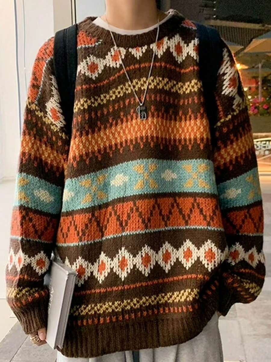 New Fashionable Fairisle Pattern Long Sleeve Men Sweater, Autumn/Winter - Multicolor - View 1