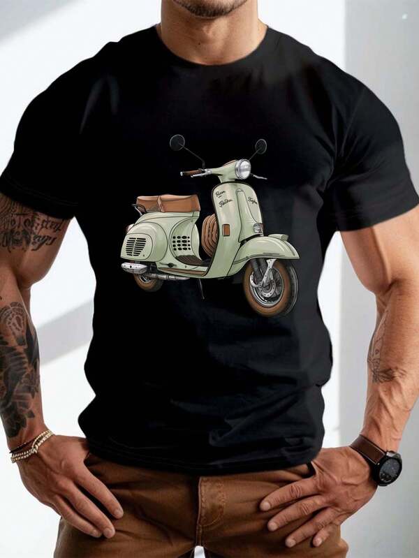 Big & Tall Men's Vintage Scooter Graphic Tee - Casual Short Sleeve T-Shirt For Summer, Breathable Polyester, Machine Washable, PLUS SIZE