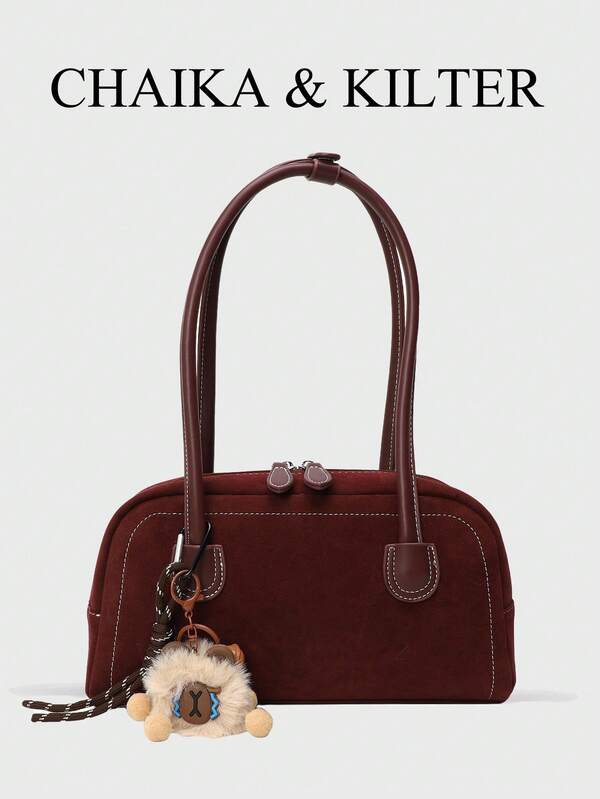 1 件 CHAIKA & KILTER 纯色绒面革单肩包，复古时尚保龄球包，撞色缝线，双手柄，拉链开合，适合日常和户外使用（与吊坠一起出售）