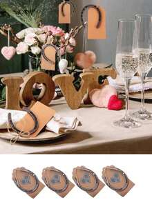 Vintage Metal Horseshoe Wedding Favor Set, Includes Horseshoe Decor, Gift Tags, Kraft Paper Candy Boxes, And Satin Ribbons, Rustic Style Horseshoe Gifts For Wedding Party, Kentucky Derby Decoration, Horseshoe Keychain/Keyring, Retro Metal Keyring Set - Multicolor - View 9