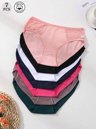 7件装女士性感蕾丝拼接内裤纯棉低腰无缝女士三角裤舒适透气内衣日常穿着运动瑜伽露裆内裤