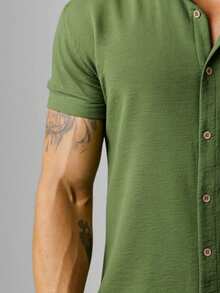 Men's Short Sleeve Shirt With Priest Collar, Comfortable, Summer , Fresh, Easy To Iron And Quick To Dry - Màu xanh Ô liu - Xem 5