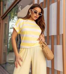 Women's Short Sleeve Striped Round Neck Blouse - 黃色條紋 - 查看 4