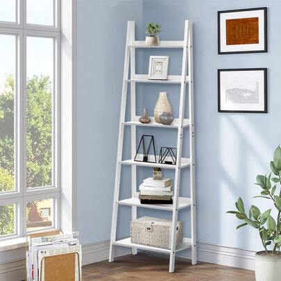 SUN YEE 6-Tier Corner Ladder Shelf, Bookshelf With Strong Support Legs And Open Storage Shelves, Display Stand Rack For Home Office Bedroom Living Room, 64x35.5x194.5cm, White