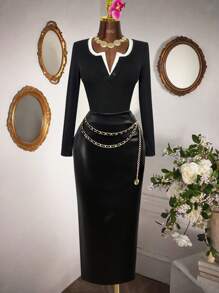 RNU 对比黑白半扣女式简约 V 领不对称领口弹力打底修身上衣女式休闲俱乐部商务休闲演唱会服装办公室服装老钱风格热纯色罗纹针织面料高弹力超柔软舒适婴儿亲肤修身休闲日常性感派对街头度假旅行约会春夏秋冬两件套新款长袖紧身衣 - 黑與白 - 查看 9