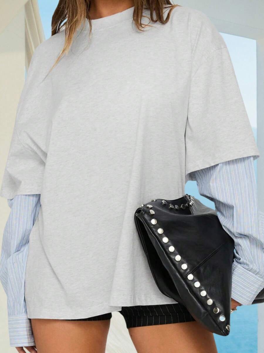 Women Fake Two-Piece Fall T-Shirts Loose Contrast Striped Long Sleeve Round Neck Oversized Tops Casual Streetwear - Grey - View 1