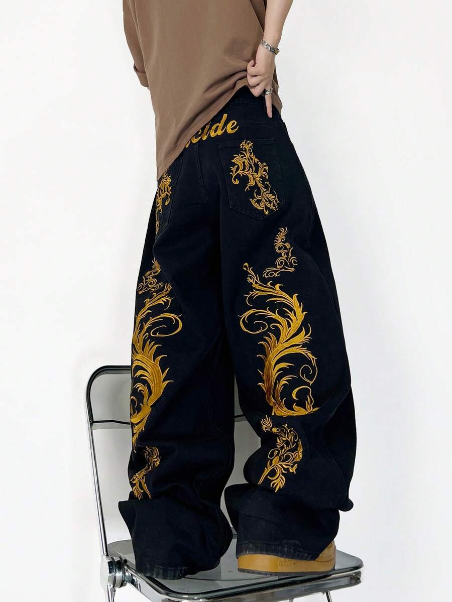 1件正义兄弟中国风刺绣休闲品牌男士宽松阔腿牛仔裤，百搭，垃圾摇滚 - 黑色 - 查看 1